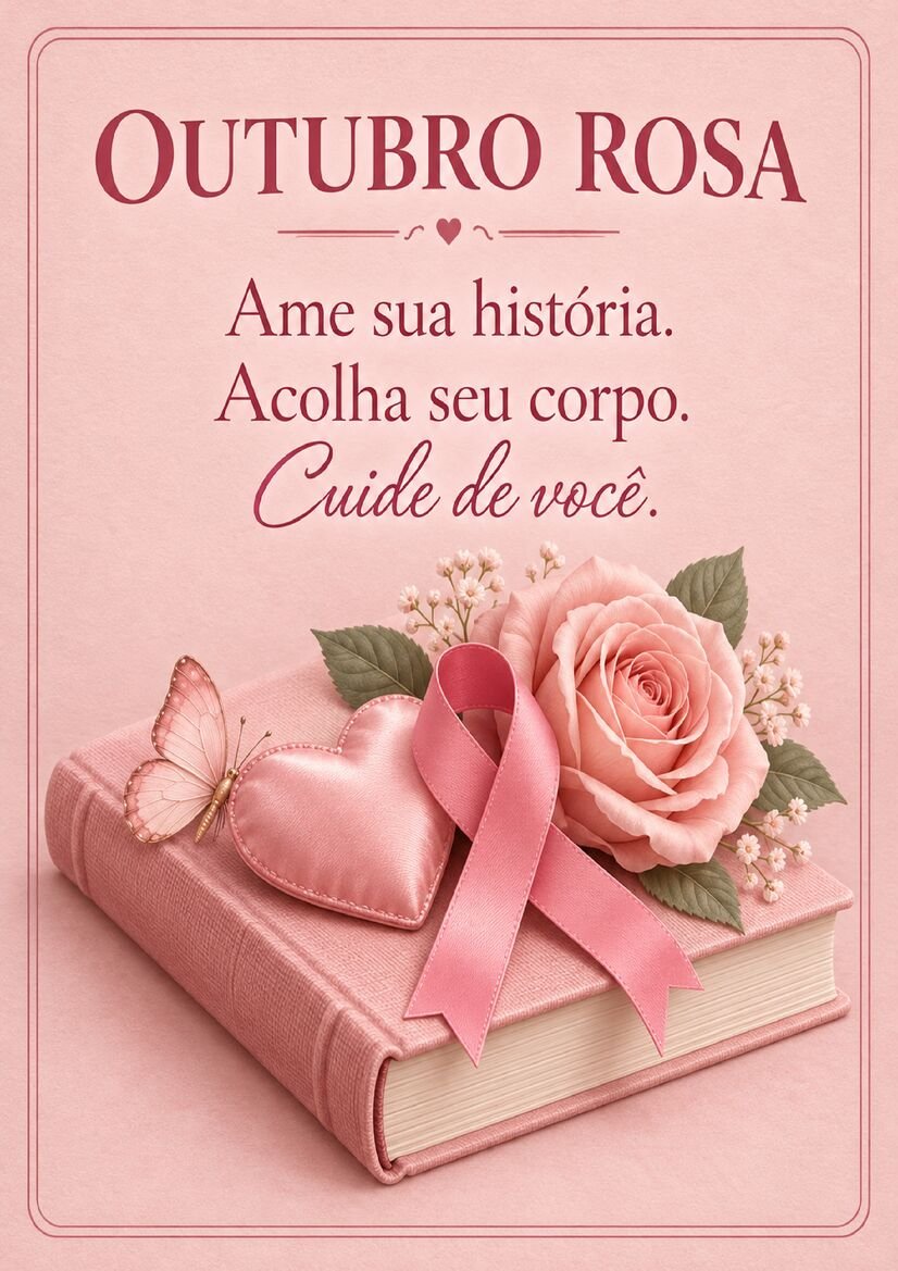 Imagem Outubro Rosa com livro rosa, coração, borboleta, rosa e fita de conscientização